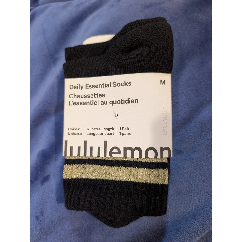 Lululemon Daily Essential Socks Black Gold Quarter Length Striped NWT - Size M